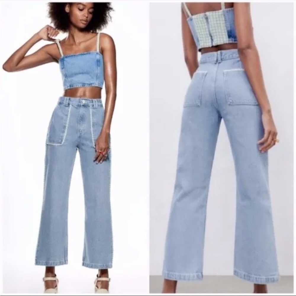 Zara High Rise Tweed Trim Floral Button Crop Wide Leg Light Wash Jeans Sz 2